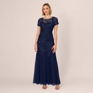 Adrianna Papell Navy Blue Beaded Gown NWT SZ 14 Formal Evening Short Sleeve MOB